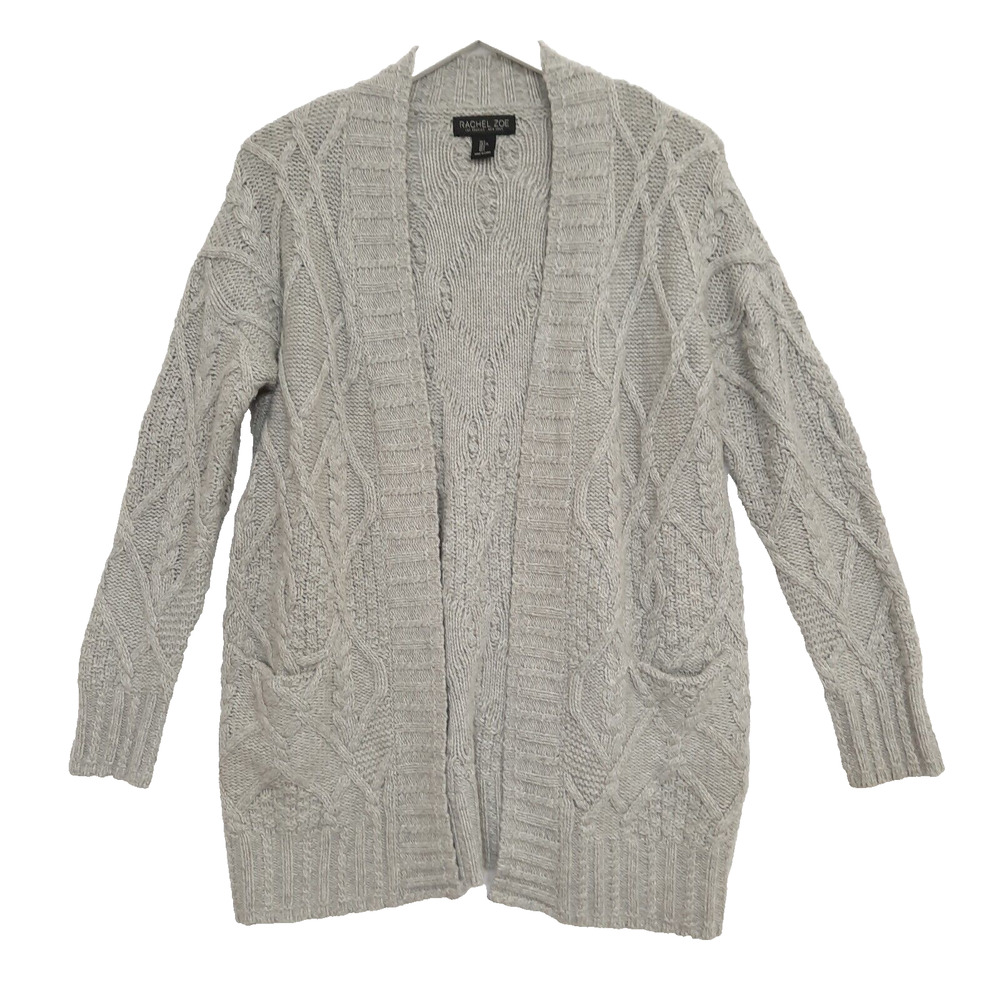 Rachel Zoe Gray Cable Knit Cardigan Sweater Sz Large Wool Blend Open Front